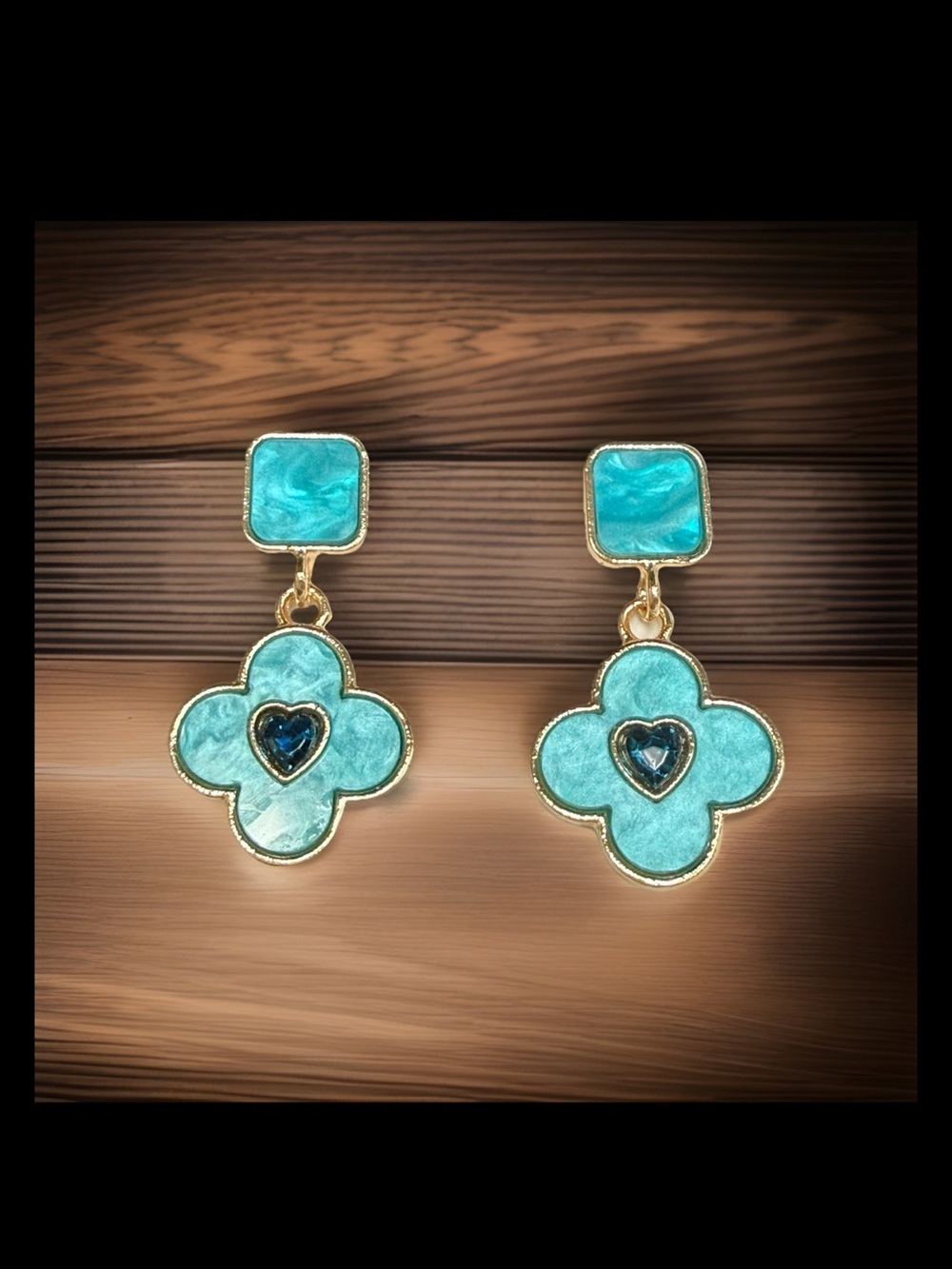 Turquoise Clover Drop Earrings with Gold Trim - Women's Jewelry
